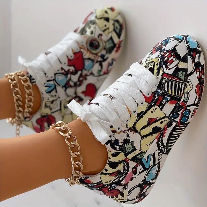 Women's Layered Sneakers with Graffiti Print