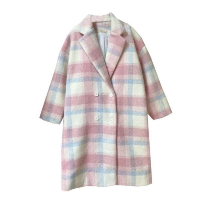 Damira - Women's Pastel Check Wool Blend Double-Breasted Coat