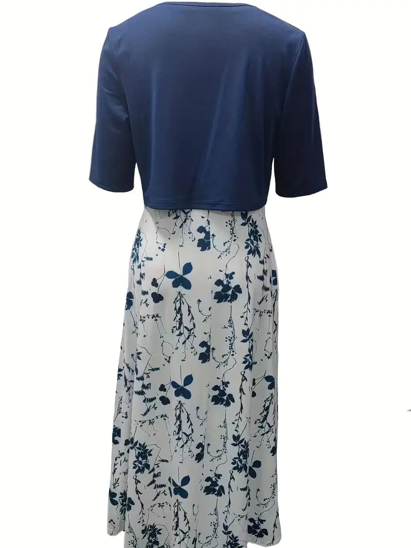 Chic Floral Two-Piece Dress Set Featuring Solid Crop Top and Round Neck