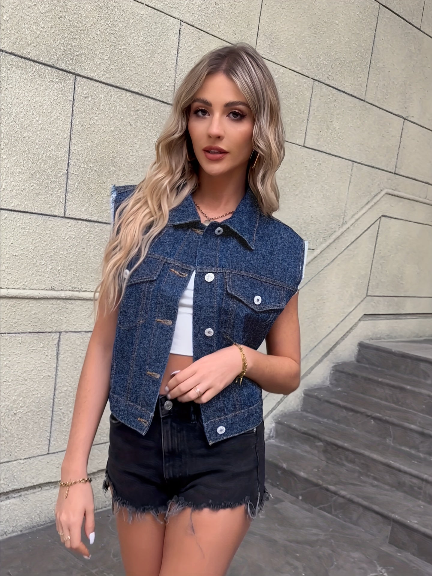 Johanna - Sleeveless Denim Jacket Featuring Flap Pockets