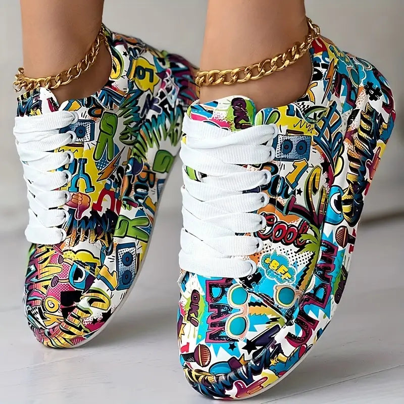 Women's Layered Sneakers with Graffiti Print