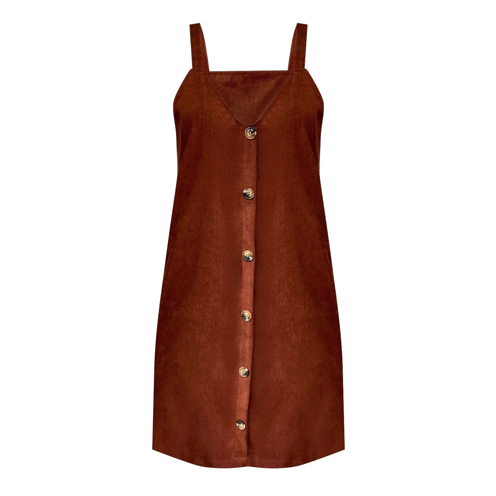 Strap-Detail V-Neck Corduroy Dress with Button Accents