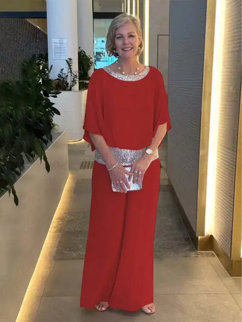 Chic Evening Ensemble: Sparkling Top with Palazzo Pants
