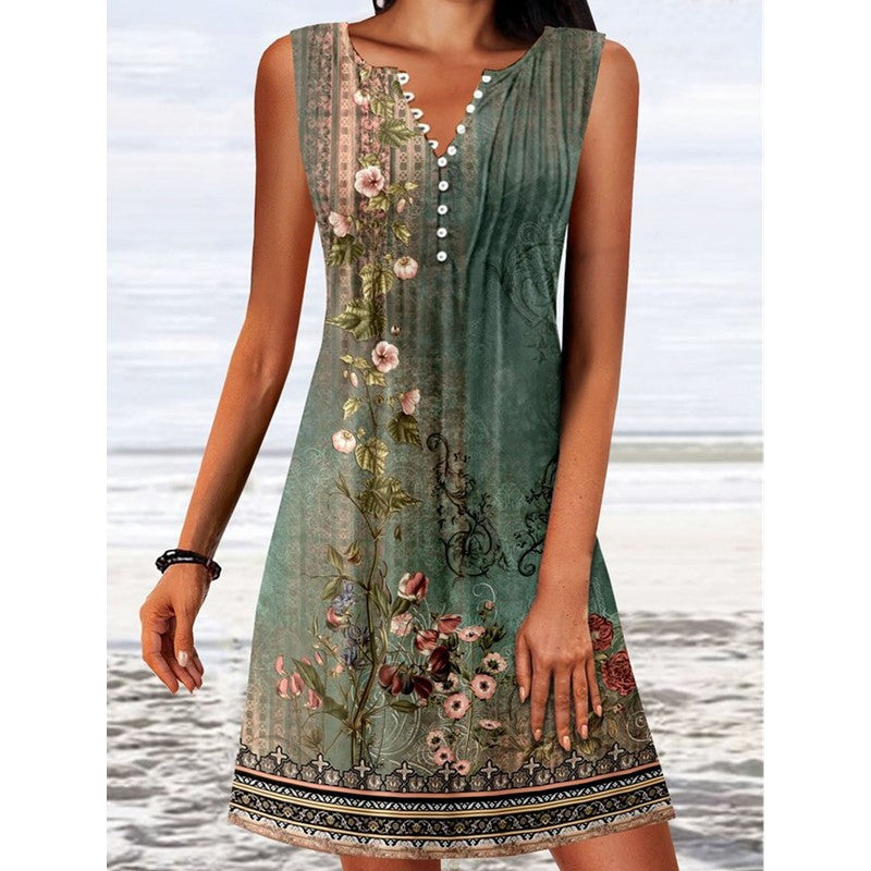 Stylish Floral V-Neck Mini Swim Dress