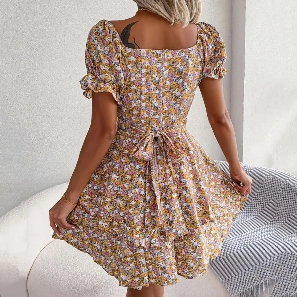Floral Puff Sleeve Dress with Square Neckline
