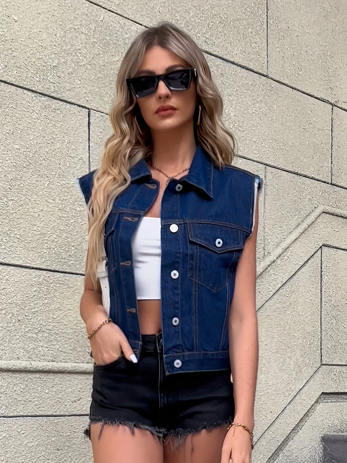 Johanna - Sleeveless Denim Jacket Featuring Flap Pockets