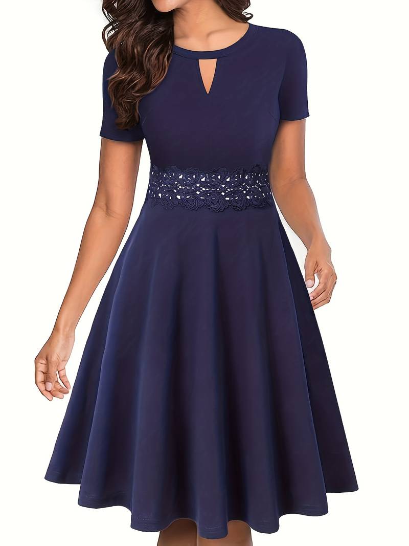 Elegant Blue Dress with Lace Details and Tailored Waist
