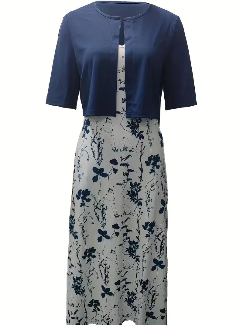 Chic Floral Two-Piece Dress Set Featuring Solid Crop Top and Round Neck