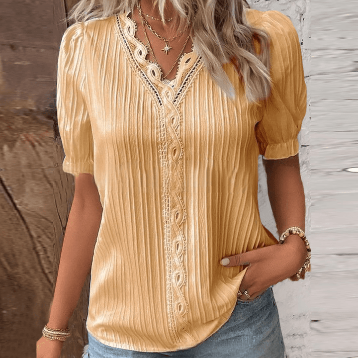 Chic V-Neck Top Featuring Delicate Lace Details